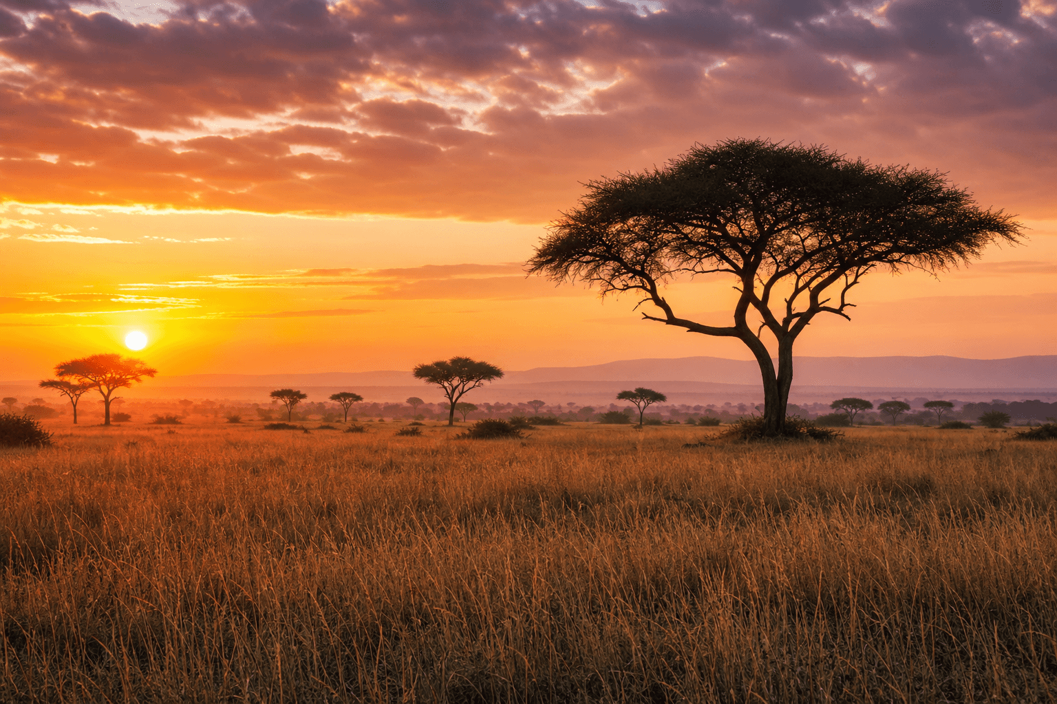 Kenya landschap - savanne bij zonsopgang met acacia's